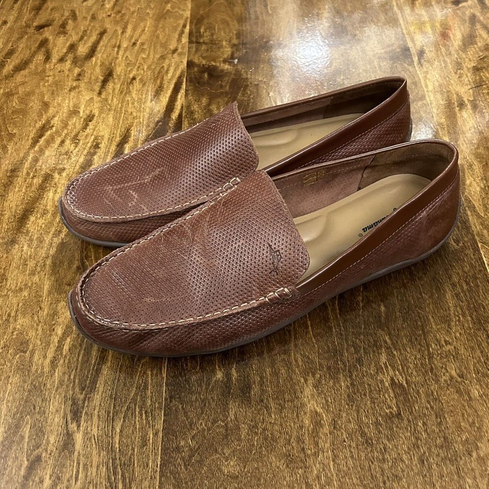 Tommy Bahama Chestnut Brown Perforated Leather Slip-Ons